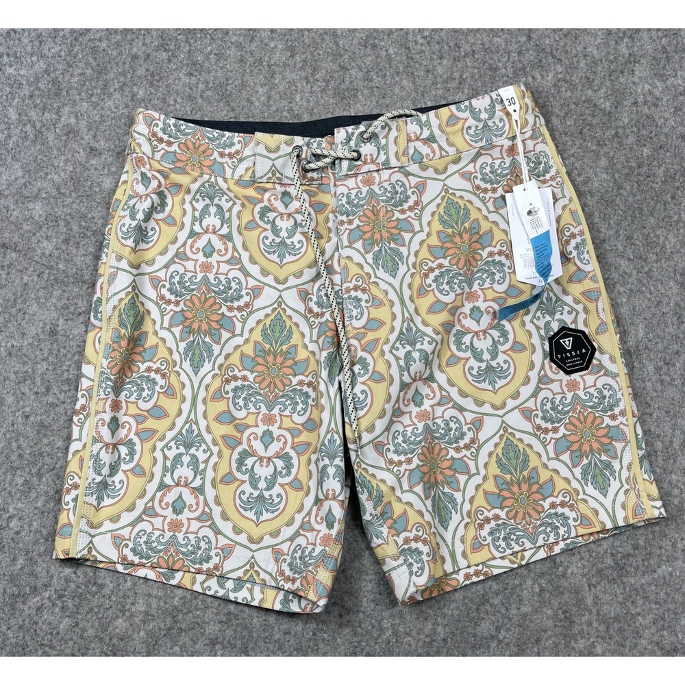 Vissla Boardshorts Mens 30 Beige Yellow Floral Swim Trunks Mundaka 17.5 " NEW